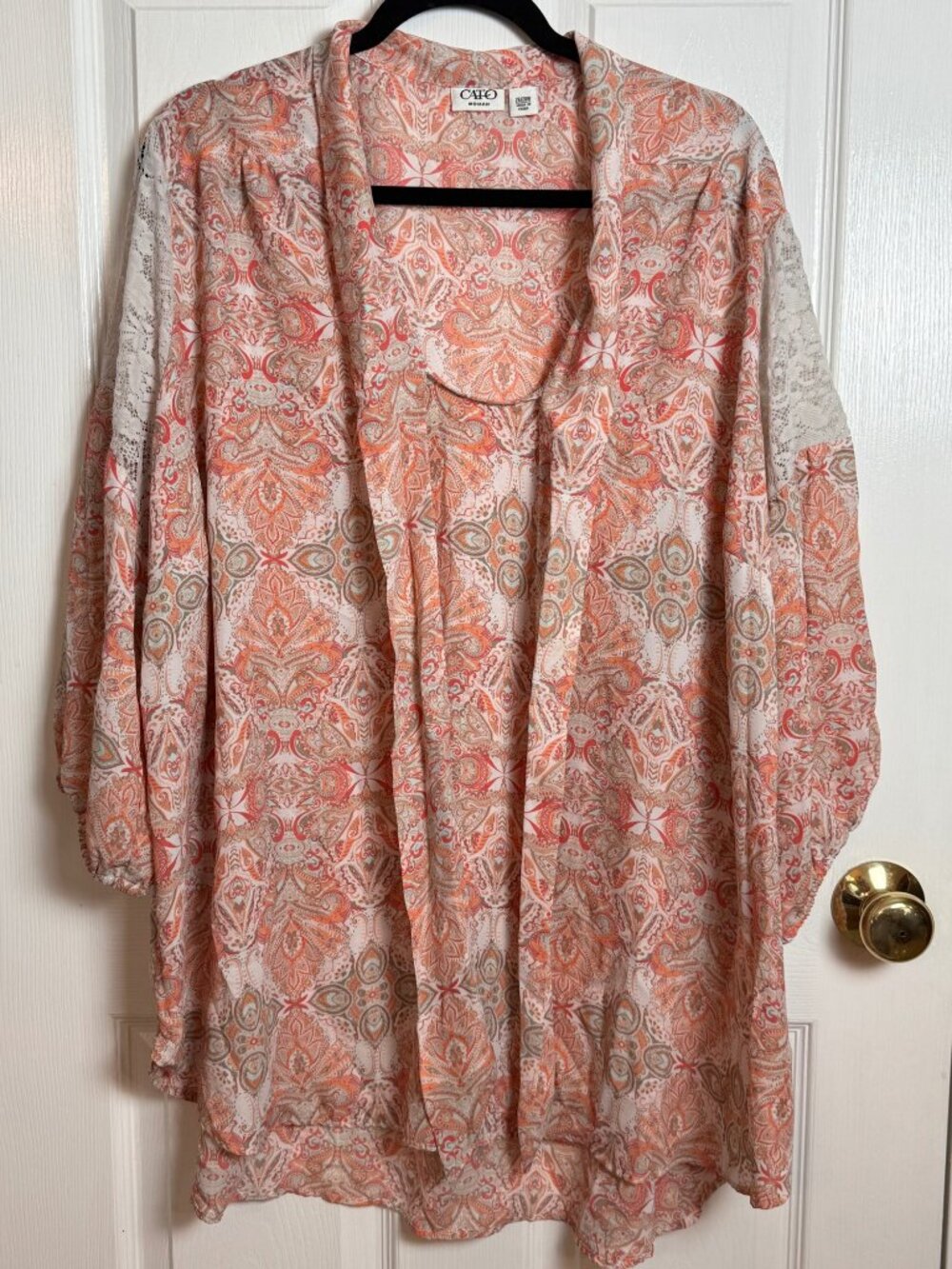 Cato Plus Size Paisley Blouse with Lace Sleeves Tie Front 26/28W
